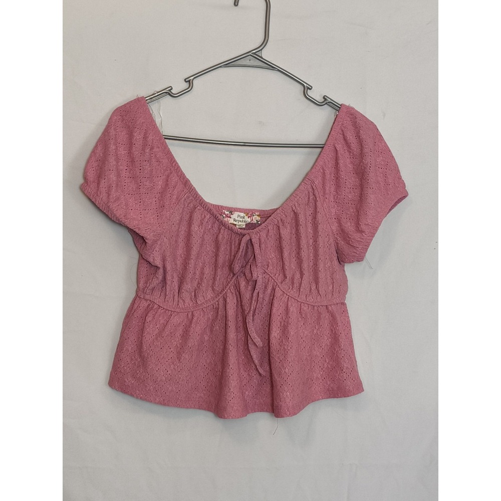 Pink Republic Tie Front Eyelet Cropped Puff Sleeve Babydoll Milk Maid Jrs Med